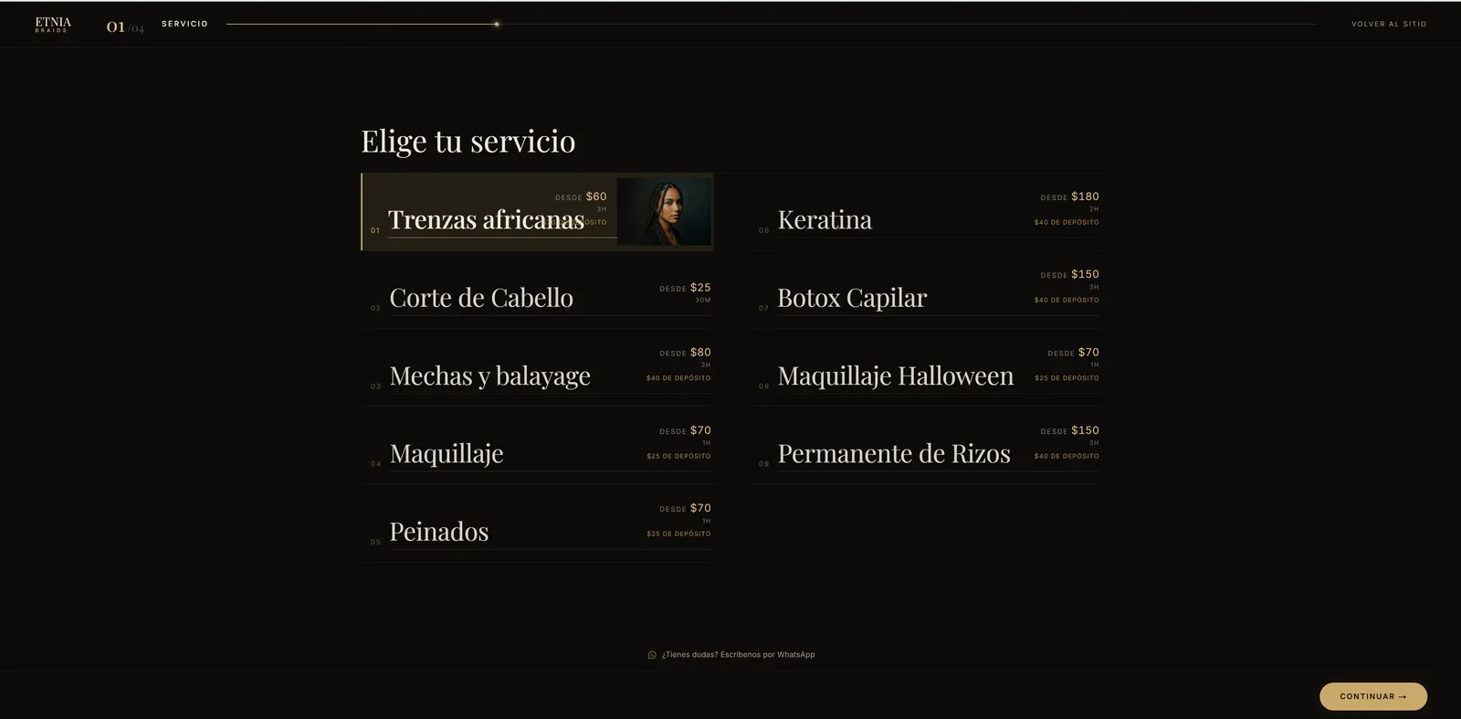 Etnia Braids — services catalog with pricing