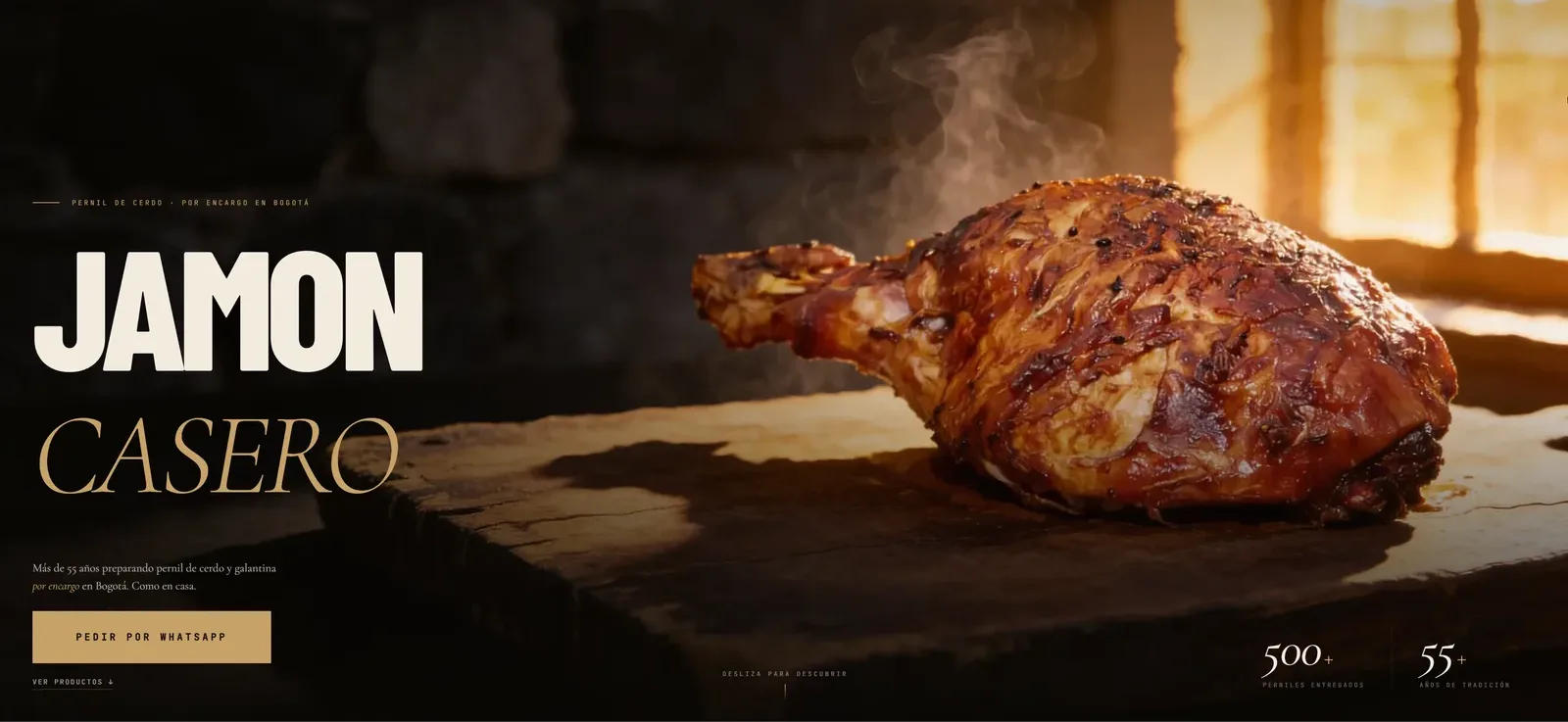 Jamón Casero — site landing: the roast on wood