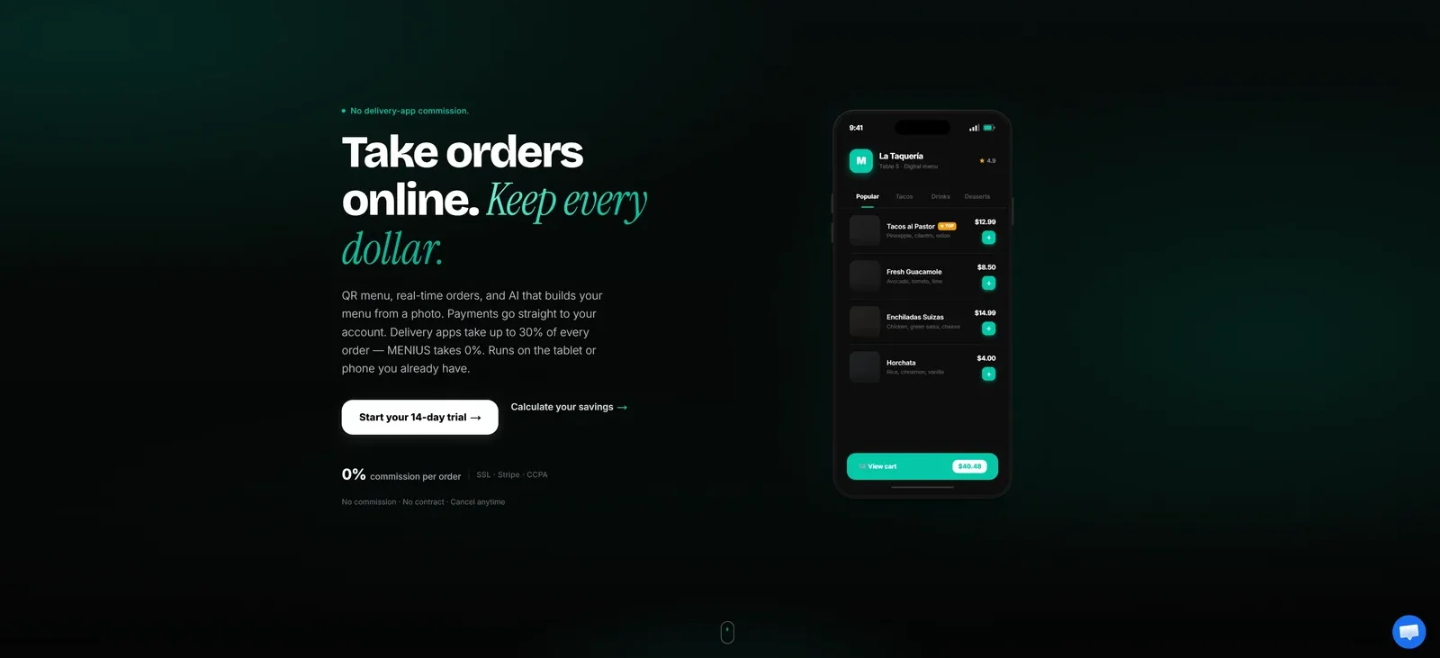 Menius — product landing: online orders with no commission