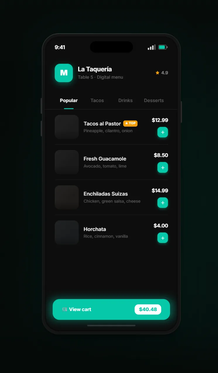 Menius — the digital menu app running on a phone