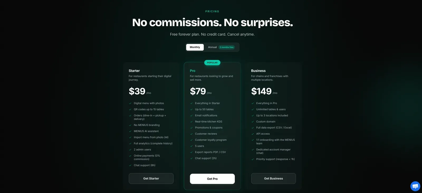 Menius — plans and pricing with no commission